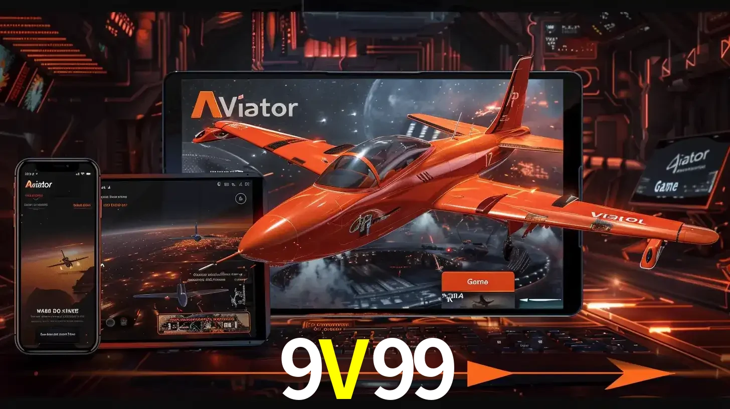 Apresentação tecnológica do jogo Aviator com um avião saindo da tela de um tablet, demonstrando a experiência imersiva em múltiplos dispositivos no 9V99.