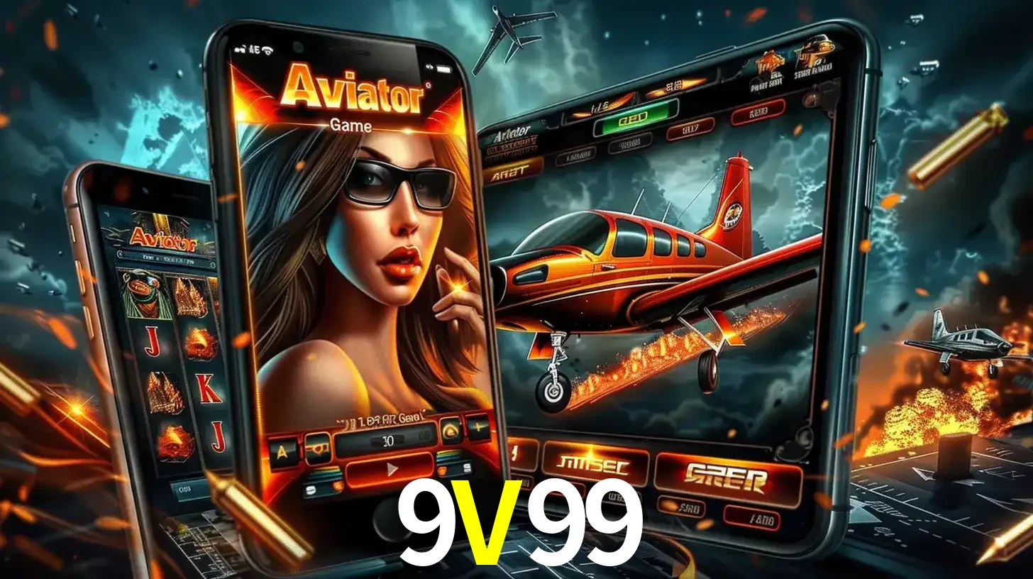 O popular jogo de apostas Aviator exibido em vários celulares e tablets, mostrando a interface emocionante e a ação de voo disponíveis para jogar agora no 9V99.