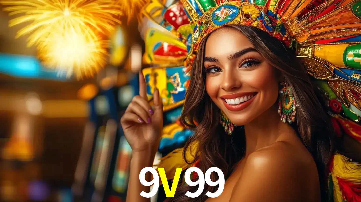 Mulher sorridente com um cocar de carnaval vibrante e colorido, celebrando uma grande vitória nos jogos do cassino 9V99 com fogos de artifício ao fundo.