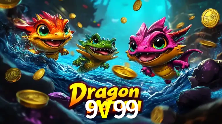 Arte promocional do jogo Dragon Hatch com três adoráveis dragões bebês nadando entre moedas de ouro, um dos slots mais divertidos para jogar no cassino 9V99.