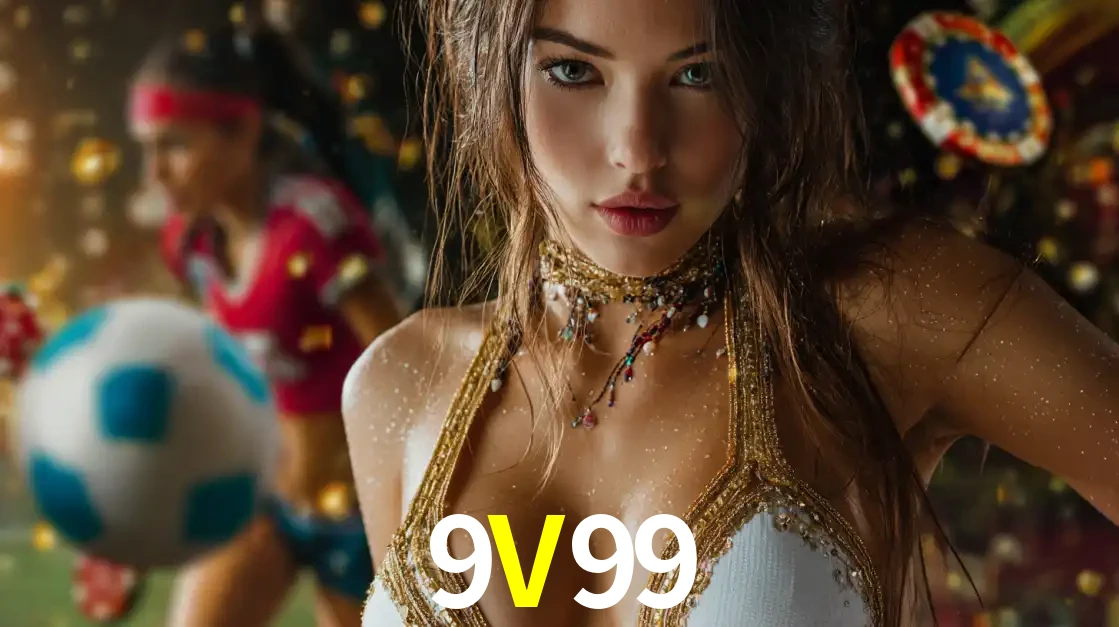 Mulher elegante representando a combinação de glamour e emoção das apostas esportivas, com uma jogadora de futebol ao fundo, destacando a ação no 9V99.