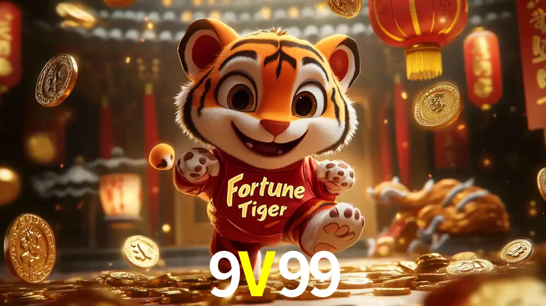 O alegre personagem do Fortune Tiger correndo sobre um caminho de moedas de ouro, simbolizando os grandes prêmios e a diversão do popular jogo de slot do 9V99.