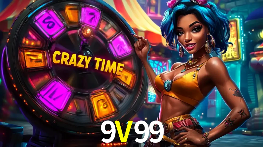 Mulher estilizada com cabelo azul e visual vibrante posando ao lado da roda de prêmios do game show Crazy Time, convidando para a diversão e os bônus do cassino 9V99.