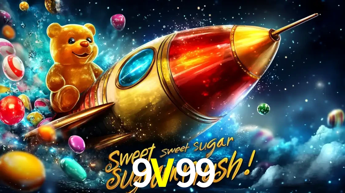 Arte promocional do jogo de slot Sugar Rush, com um urso de pelúcia em um foguete viajando pelo espaço de doces, um dos jogos divertidos disponíveis no cassino 9V99.
