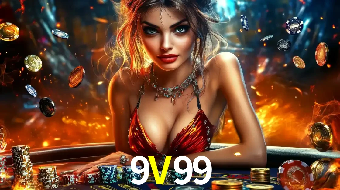 Mulher em uma mesa de cassino com pilhas de fichas e um fundo de fogo, pronta para uma rodada de altas apostas nos jogos de mesa emocionantes do cassino 9V99.