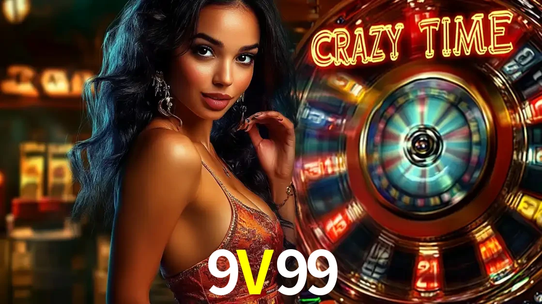 Mulher elegante ao lado da vibrante roda da fortuna do jogo de cassino ao vivo Crazy Time, um dos game shows mais populares e cheios de prêmios do 9V99.