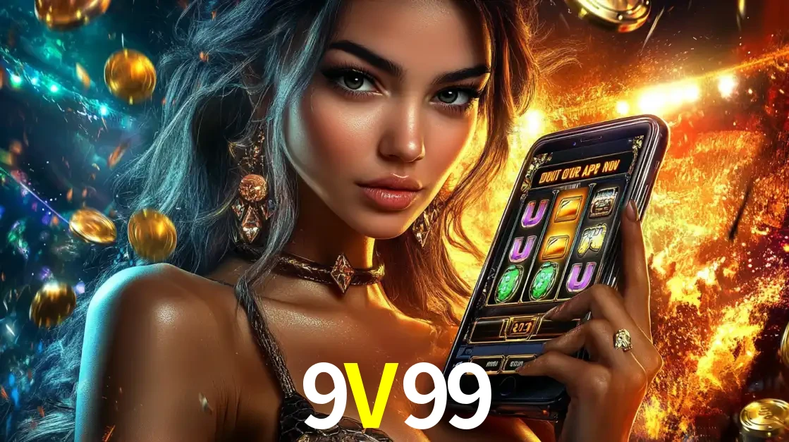 Mulher elegante mostrando um jogo de caça-níqueis em seu smartphone, destacando a experiência de cassino móvel oferecida pelo aplicativo 9V99.