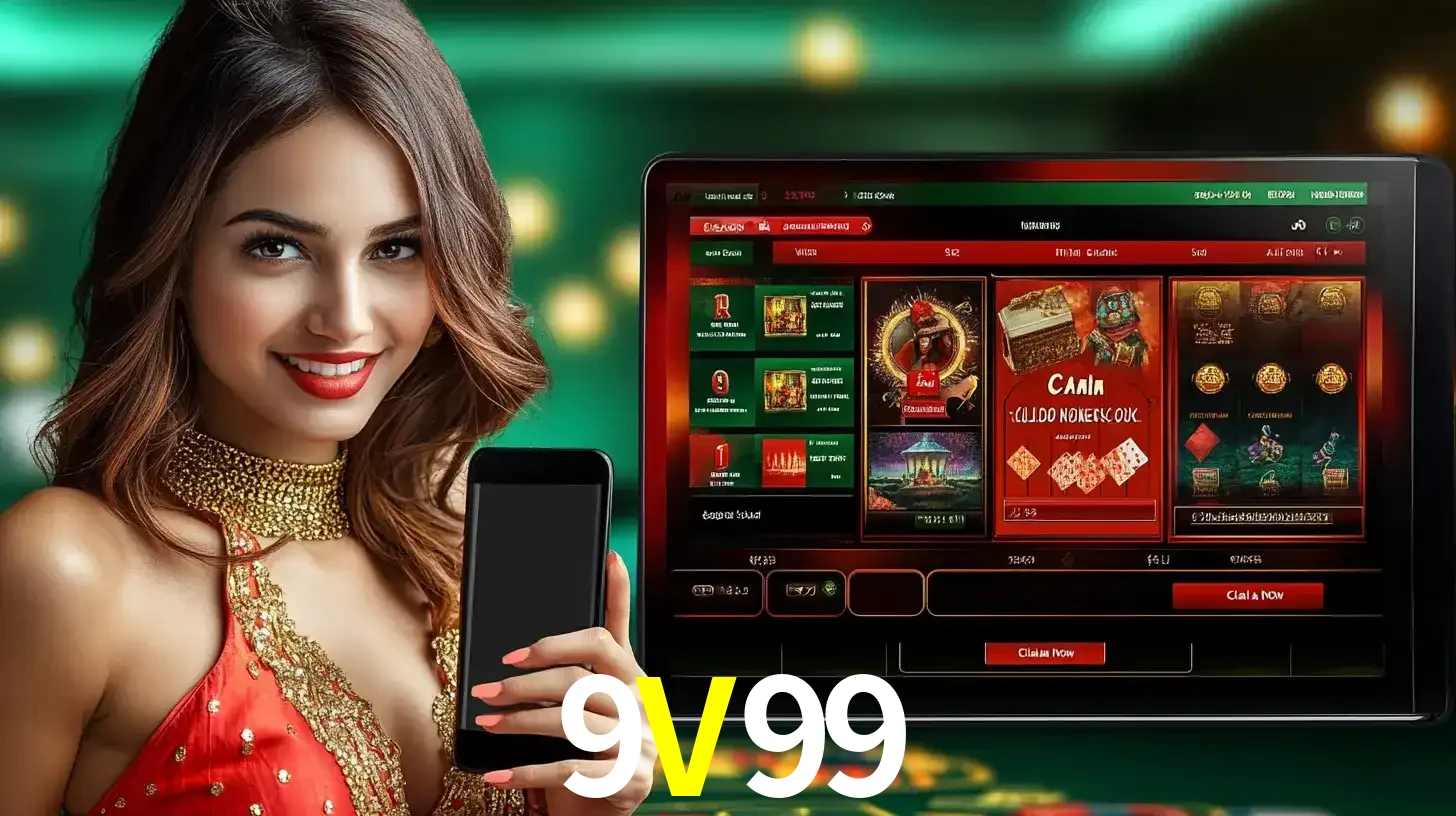 Mulher sorridente segurando um smartphone, ao lado de uma tela exibindo o lobby de jogos do cassino online 9V99, com várias opções de jogos de cartas e slots.